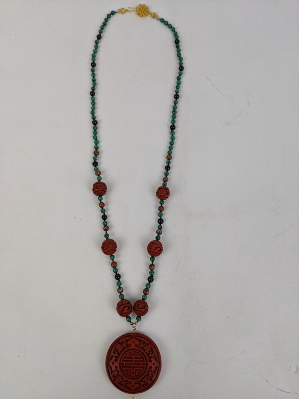 Vintage Chinese Cinnabar Malachite & Onyx Beaded Necklace - Picture 2 of 13